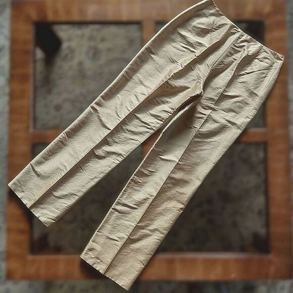 Vtg pale gold raw silk pocketless creased dress pants - Picture 2 of 10